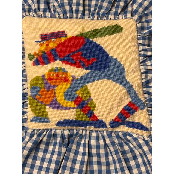 Vintage Needlepoint Cottagecore Baseball Player Pillow Blue Gingham Ruffle Trim - Picture 2 of 3